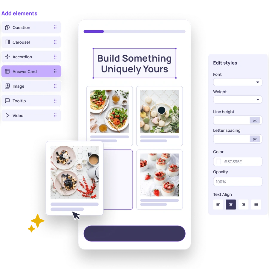 Cartful Studio editor showing quiz content blocks and styling controls