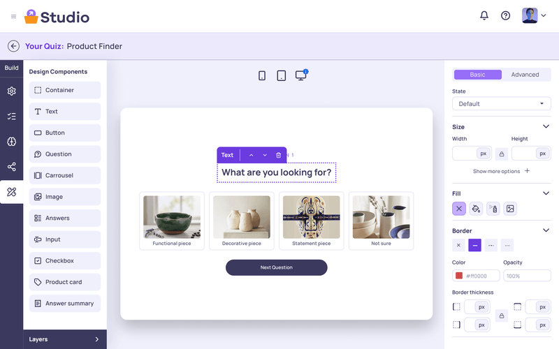 Cartful Studio editor showing a quiz being built with drag-and-drop content blocks