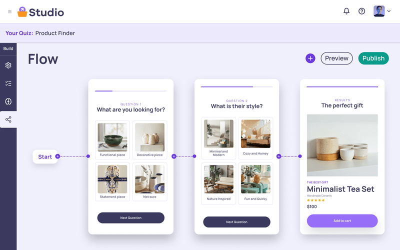 Cartful flow builder showing a quiz decision tree with branching logic